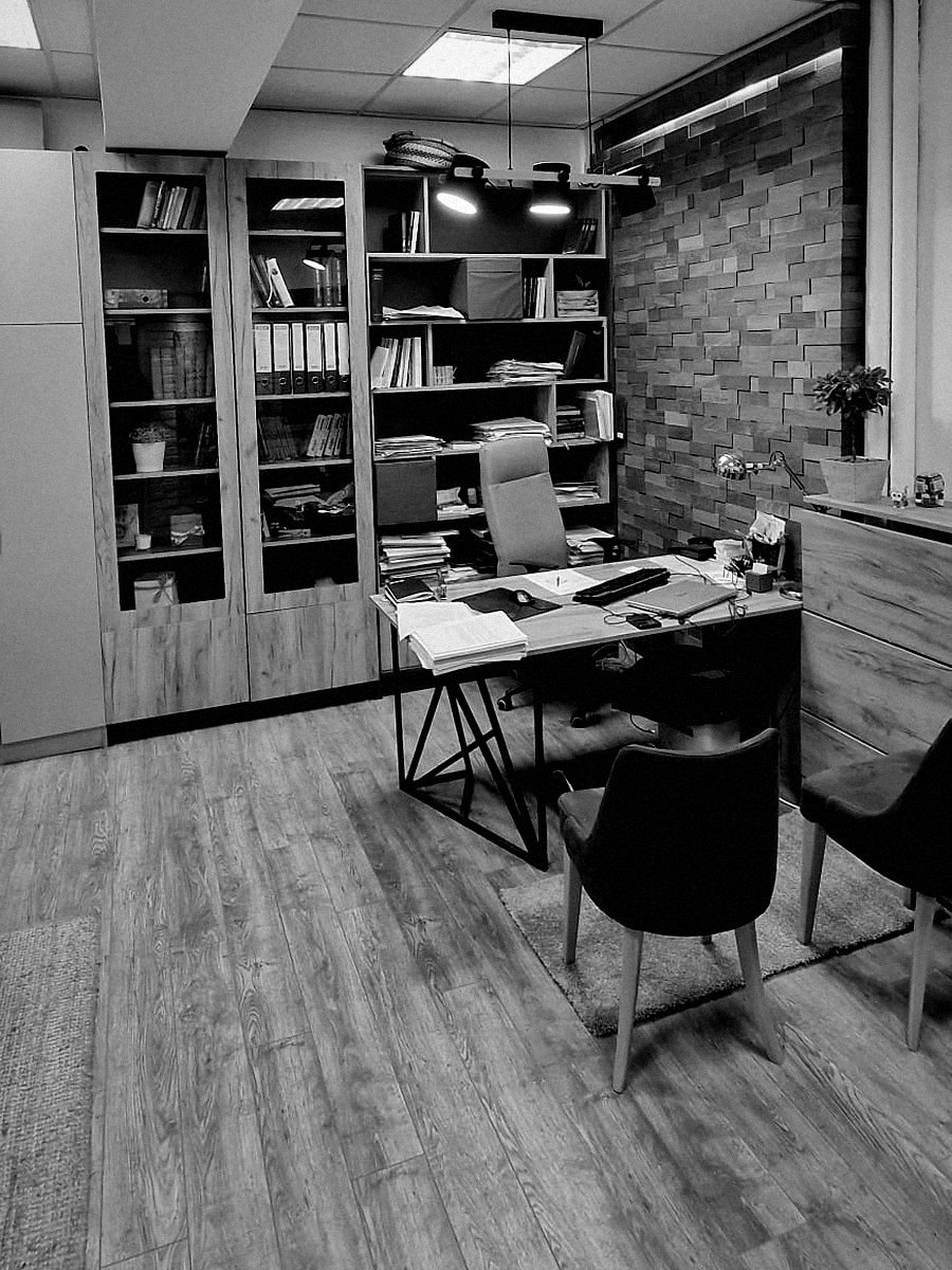 Shelves with case files and a desk, office at Brankova 23